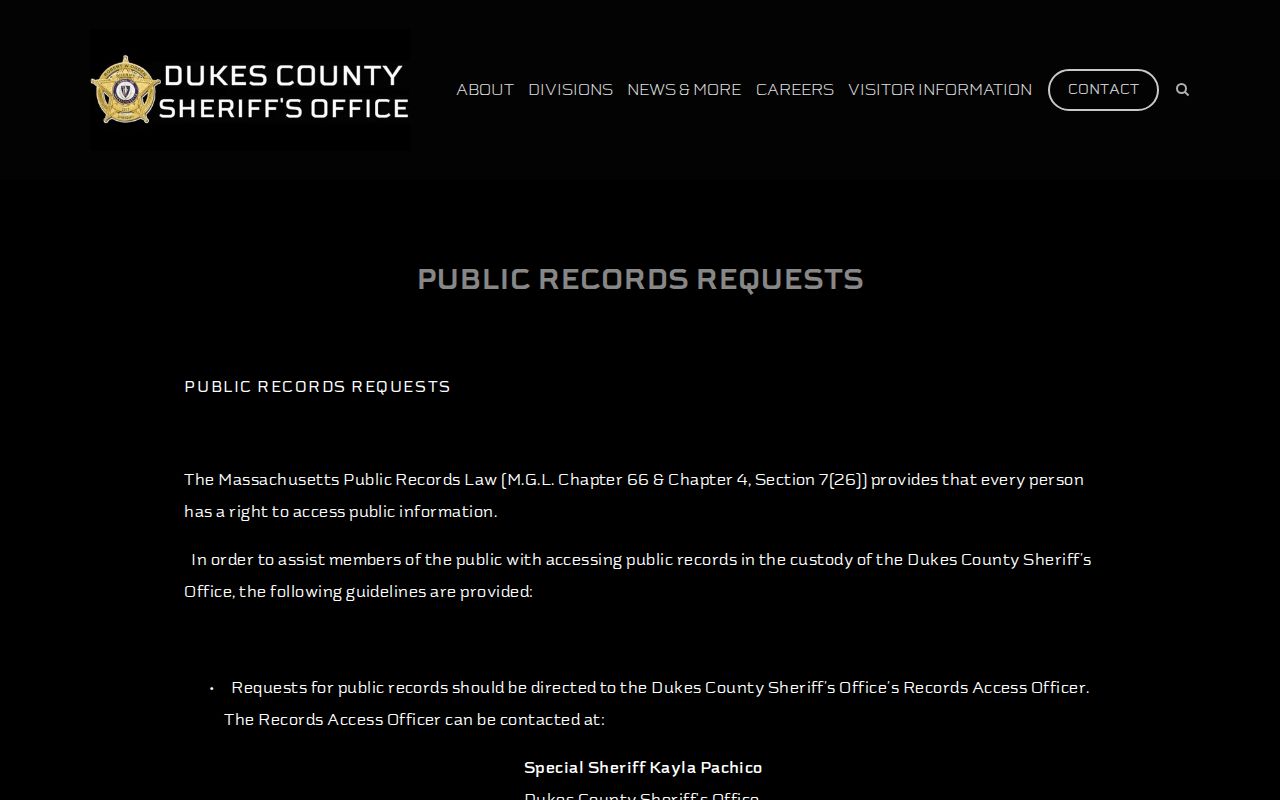 Dukes County warrant records: sheriff public records request instructions for the records access officer