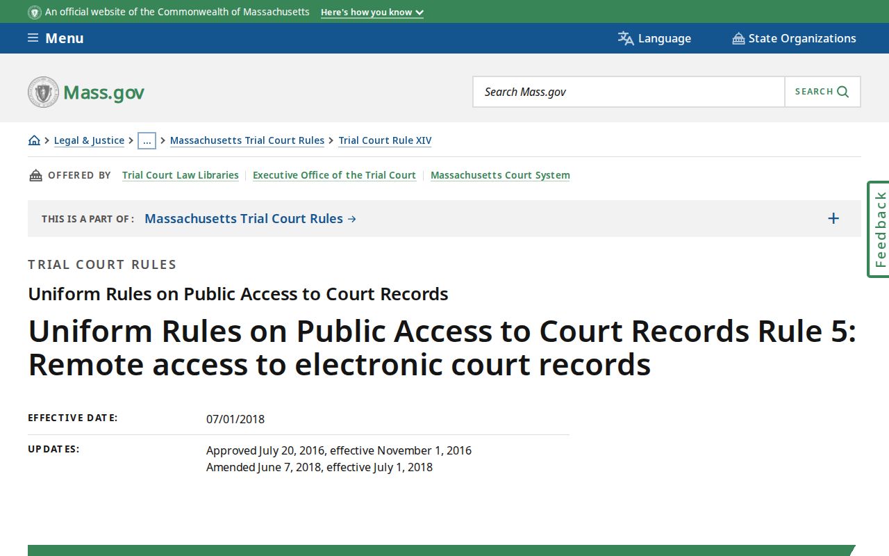Dukes County warrant check: Trial Court Rule 5 page on remote access to electronic court records
