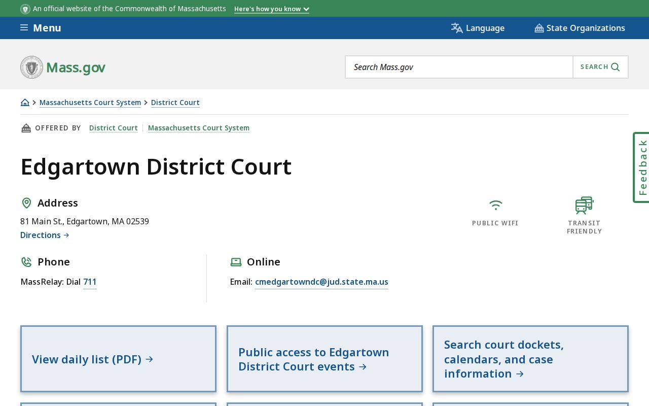 Edgartown warrant records: District Court contact panel with clerk, hours, parking, and town coverage