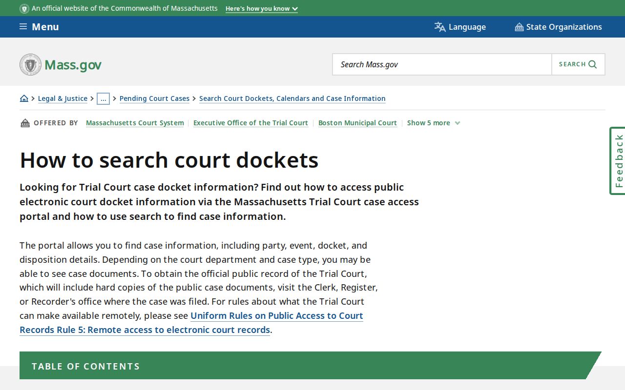 Dukes County warrant record search steps shown on the Massachusetts court docket search instructions page
